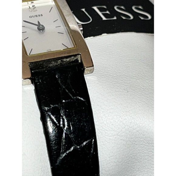 NEW GUESS SILVER TONE BLACK Leather BAND RECTANGLE WHITE DIAL WATCH in box main image 10
